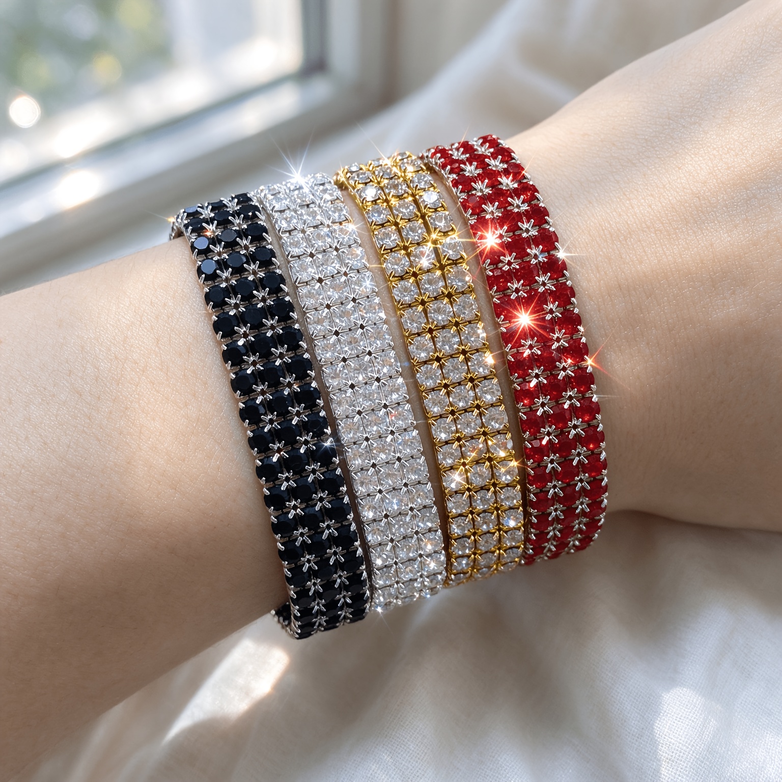 4pc Rhinestone Elastic Bangle 3-Row Bracelet Set